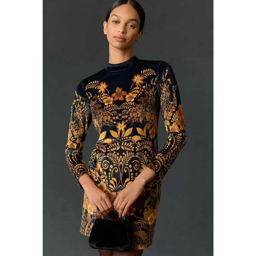 Anthropologie Long-Sleeve Printed Velvet Mini Dress Black Yellow Floral XS Party